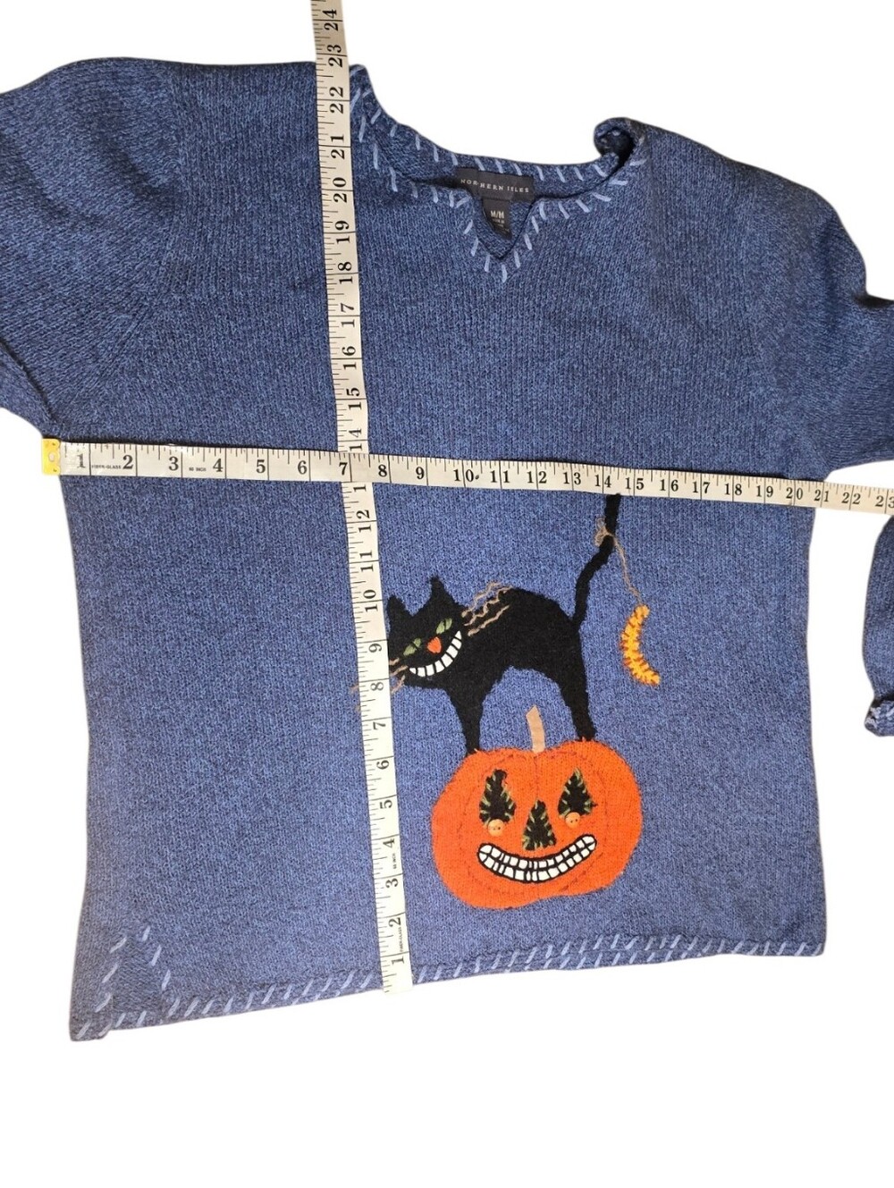 Y2K Vintage Northern Isles Halloween Black Cat Pumpkin Embroidered Blue Sweater - Picture 7 of 11